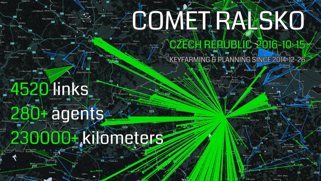 We did it!
Today we made 4,520 unique links to one portal (top of the hill Ralsko, North Bohemia, Czech Republic).
With great help of almoust three hundred CZ/DE ENL agents we built huge green comet (starburst). There were 4,520 unique links built with total lenght about 237 thousands kilometers.
We are very happy now and we are working on full report. It will follow in few days.
ORGs: @ArnieCL, @blackst0ne, @bohouscl6, @HerzScheisse,
